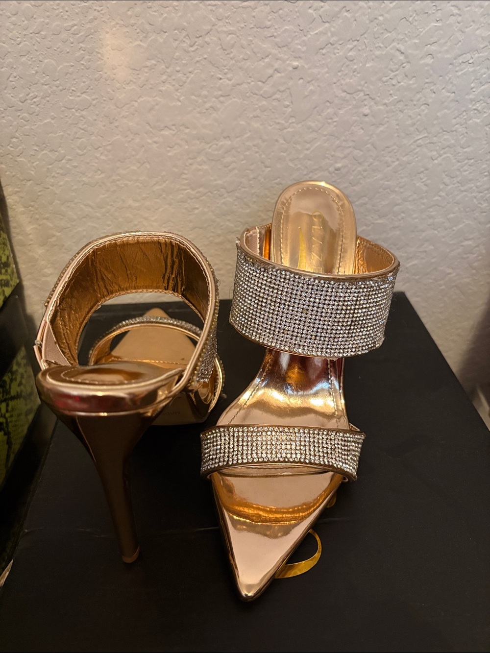 Women's Rose Gold High Heel Slide Sandals with Crystal Straps